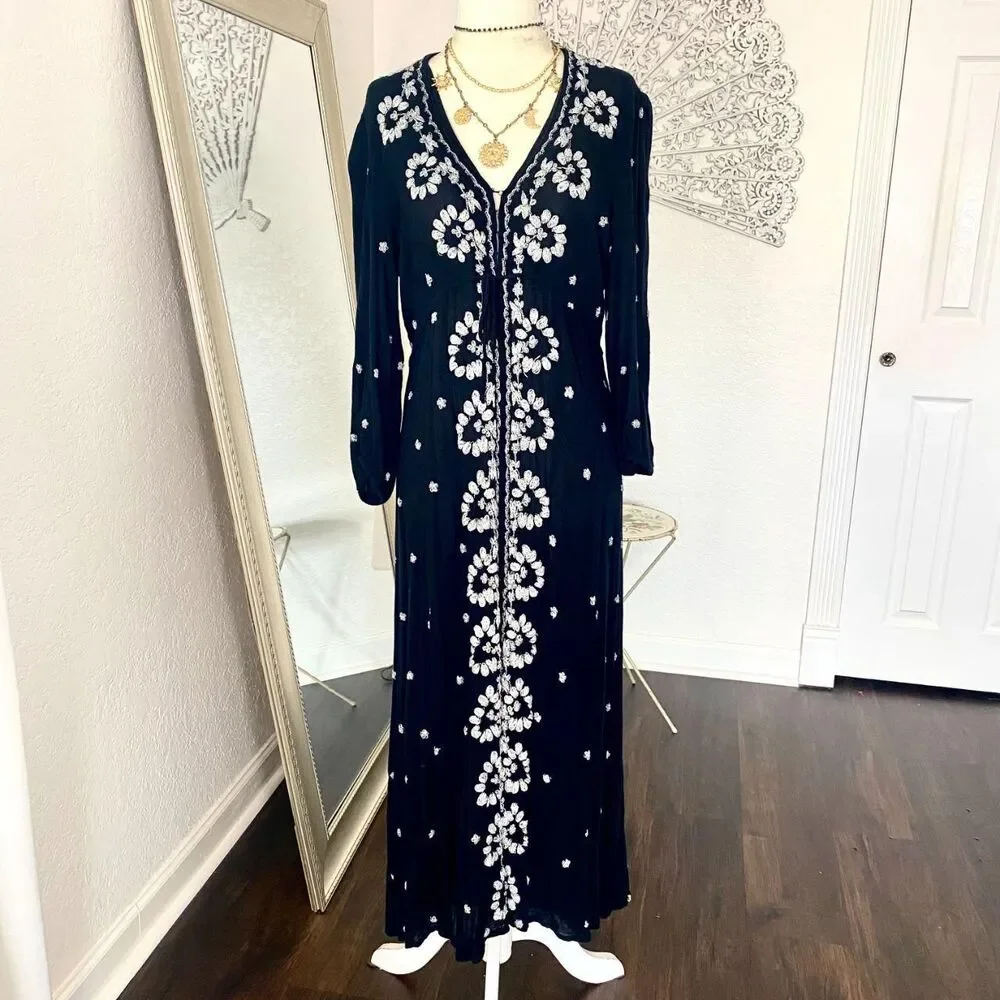 Free People Embroidered Fable Midi Dress Black White Midi Maxi Size S